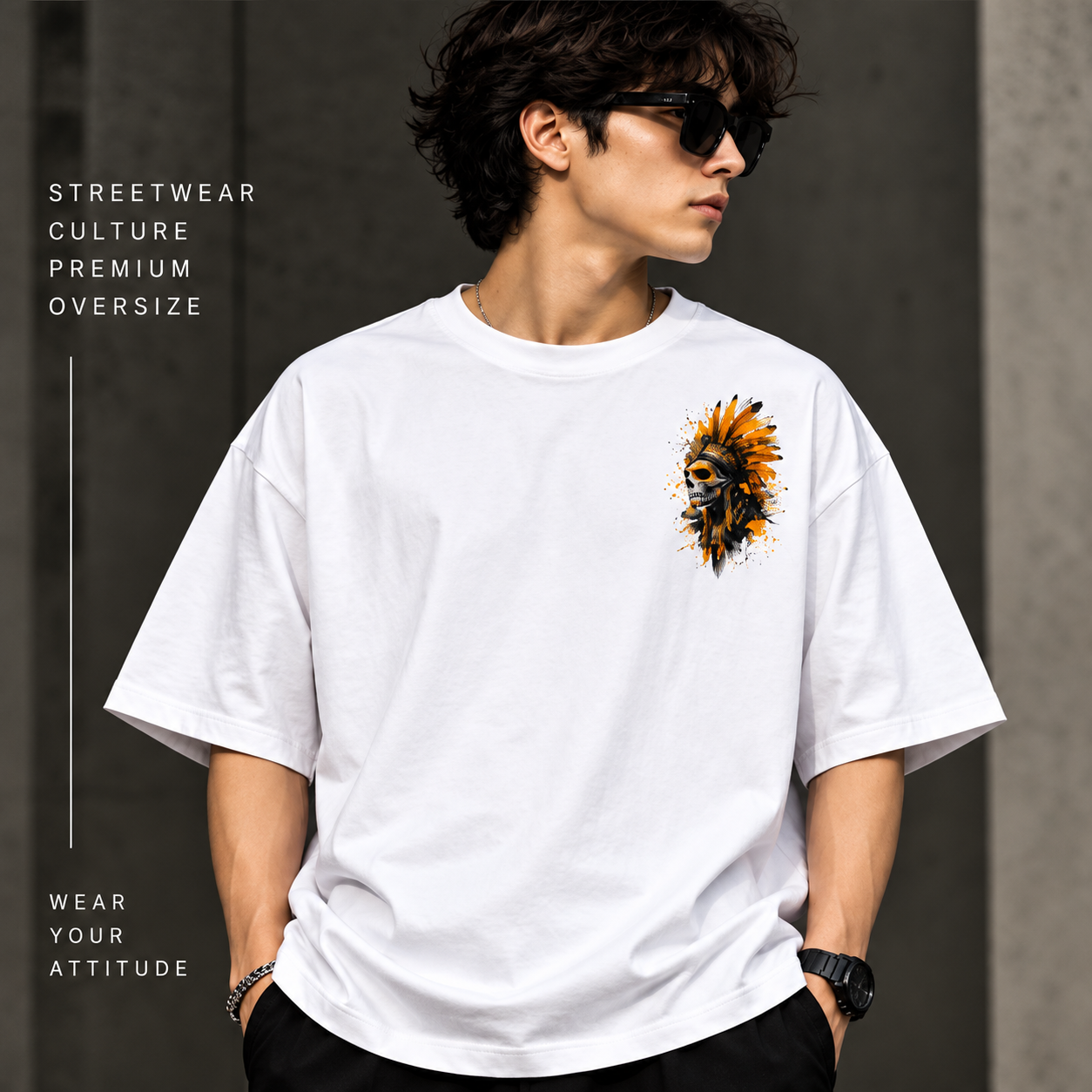 Aztec Skull Graphic Oversized T-Shirt – White & Orange - Image 2