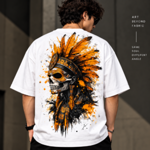 Aztec Skull Graphic Oversized T-Shirt – White & Orange