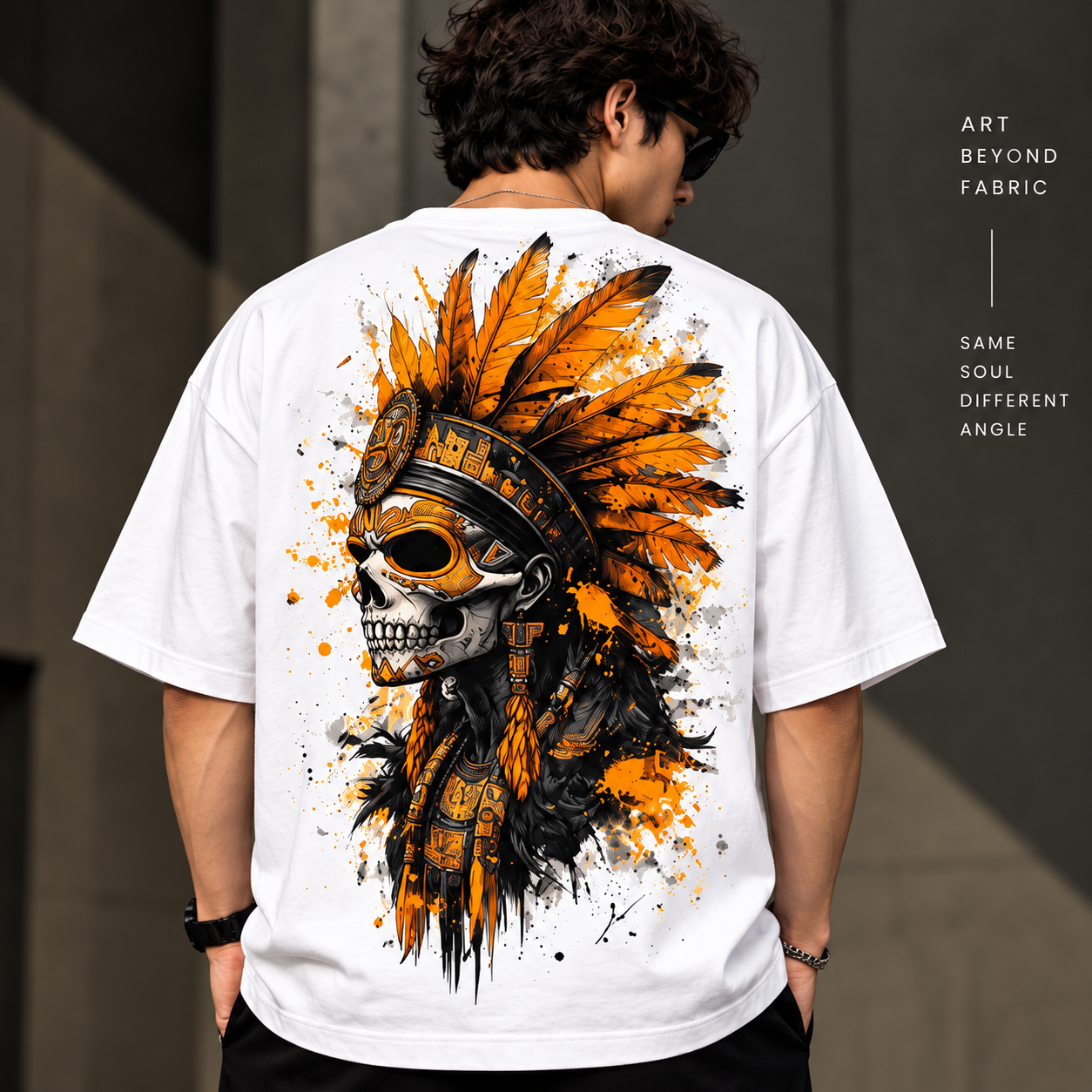 Aztec Skull Graphic Oversized T-Shirt – White & Orange