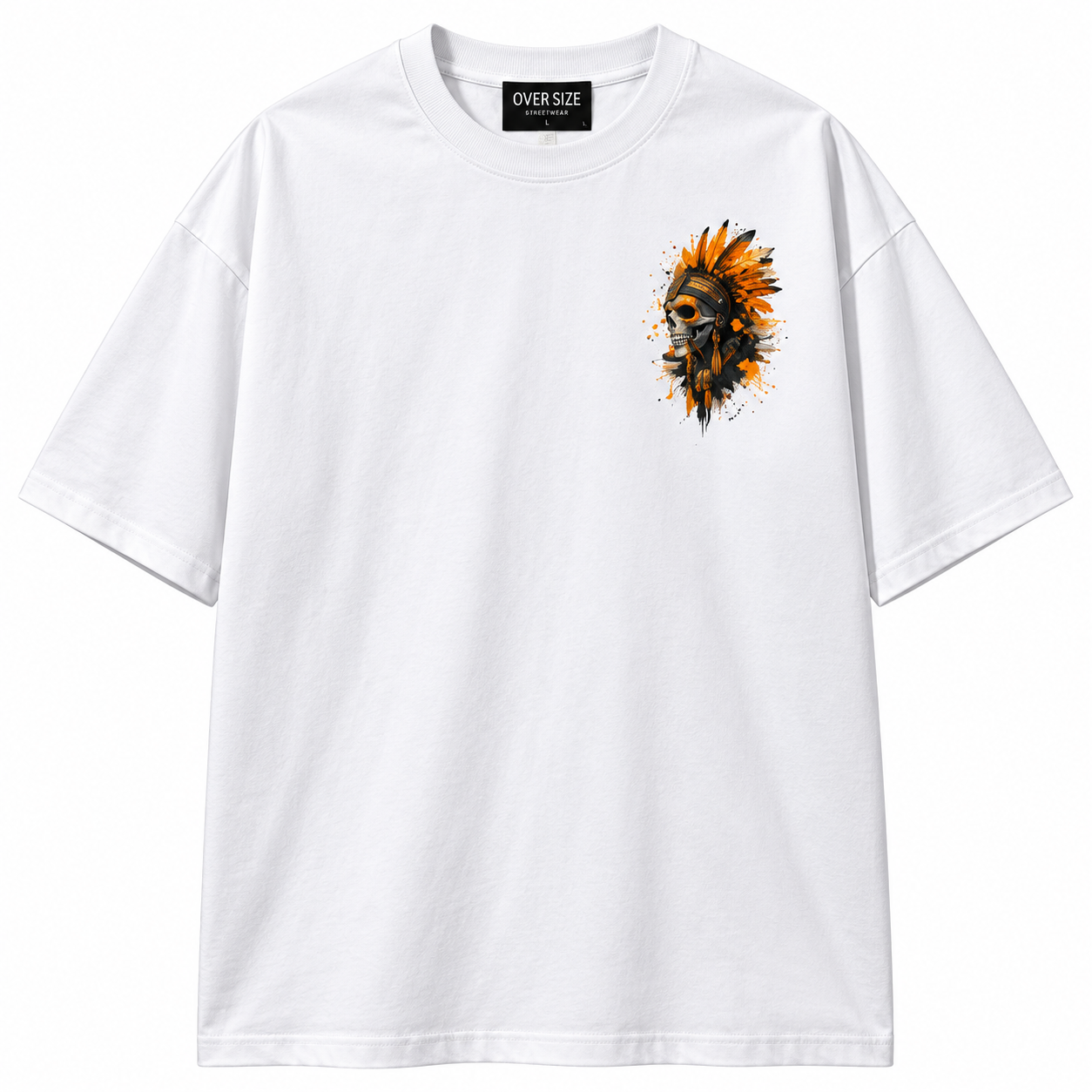 Aztec Skull Graphic Oversized T-Shirt – White & Orange - Image 4